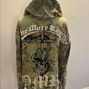One more round Vintage Y2K Olive Skull Cross Flocked Patch Hoodie XXL 50” chest